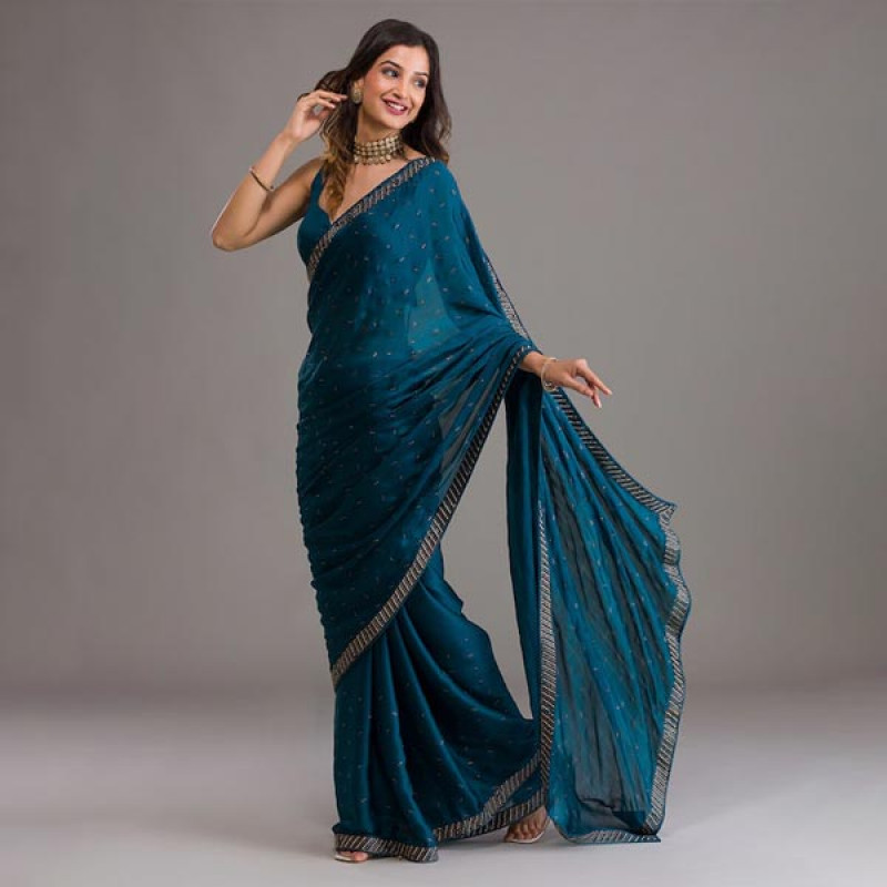 Blue & Gold-Toned Embellished Beads and Stones Saree