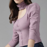 Lavender Ribbed Top with Puff Sleeves