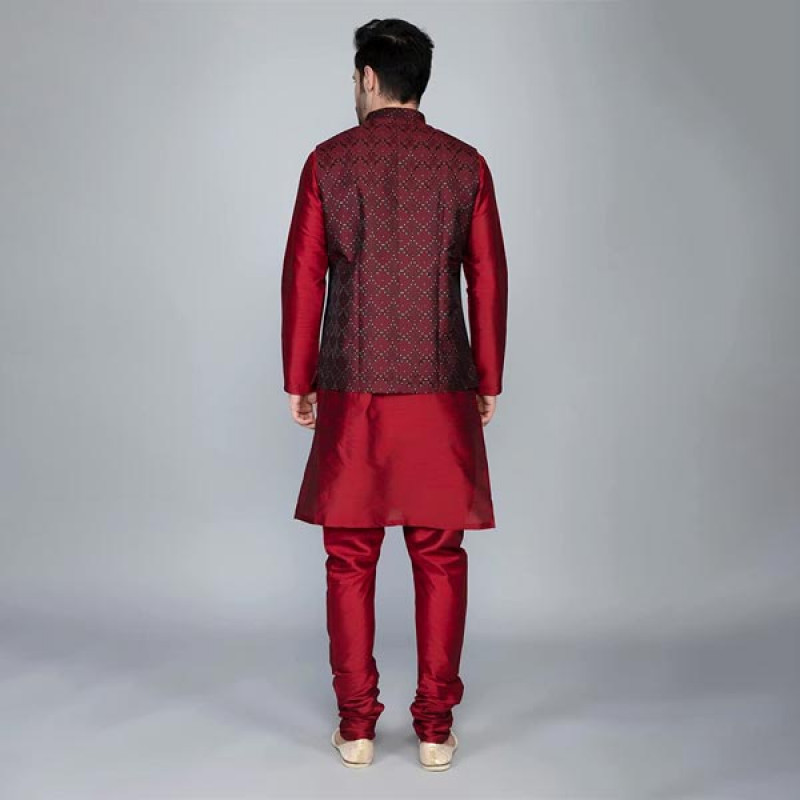 Ethluxis® Men's Silk Blend Kurta Churidar Pyjama with Ethnic Bundi Jacket Set