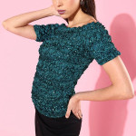 Teal Embellished Off-Shoulder Smocked Crop Top